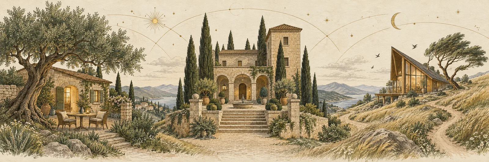 Three imagined homes: a sheltered garden, a structured stone courtyard and an open, windswept hillside.
