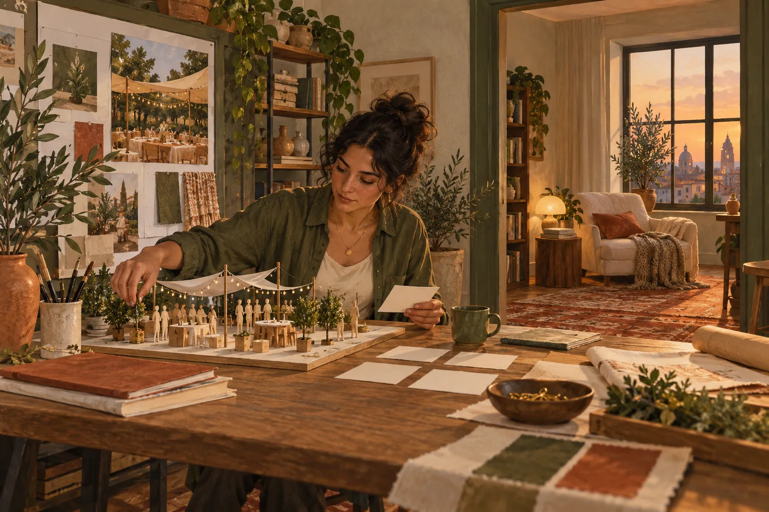 Illustration of an event producer arranging a small venue model beside a separate quiet sitting room