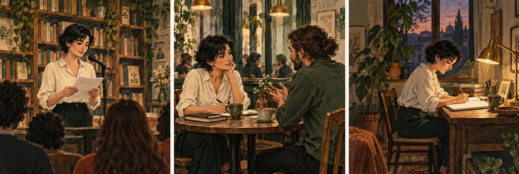 Illustration of a writer sharing their work with a small bookshop audience.