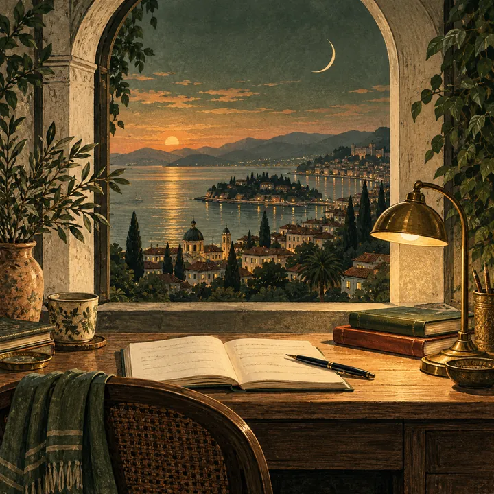 Illustration of a writer's notebook and lamp beside a window overlooking a coastal city at dusk.