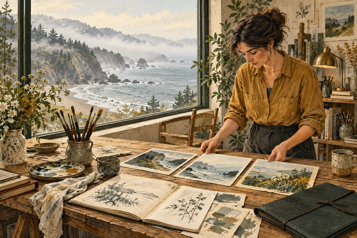 Illustration of an artist arranging finished paintings in a studio beside a misty coast.