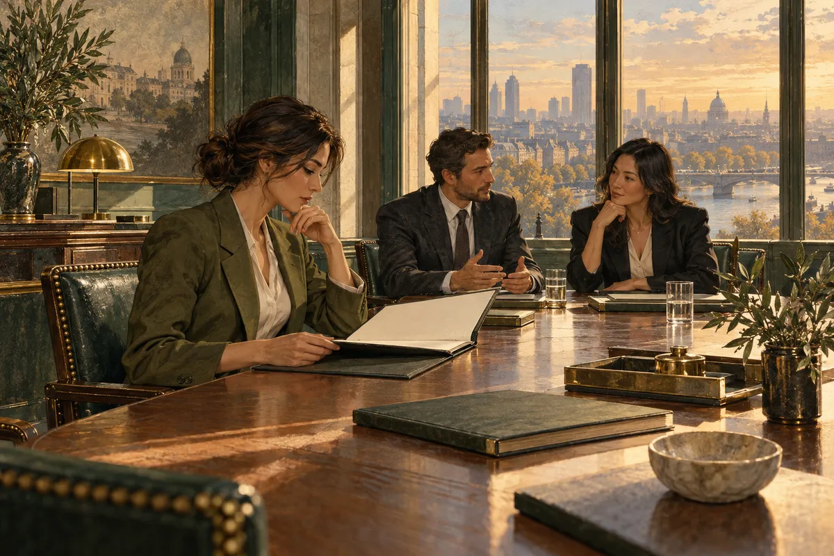 Illustration of a manager reviewing an unmarked folder while two colleagues discuss responsibilities across a meeting table.